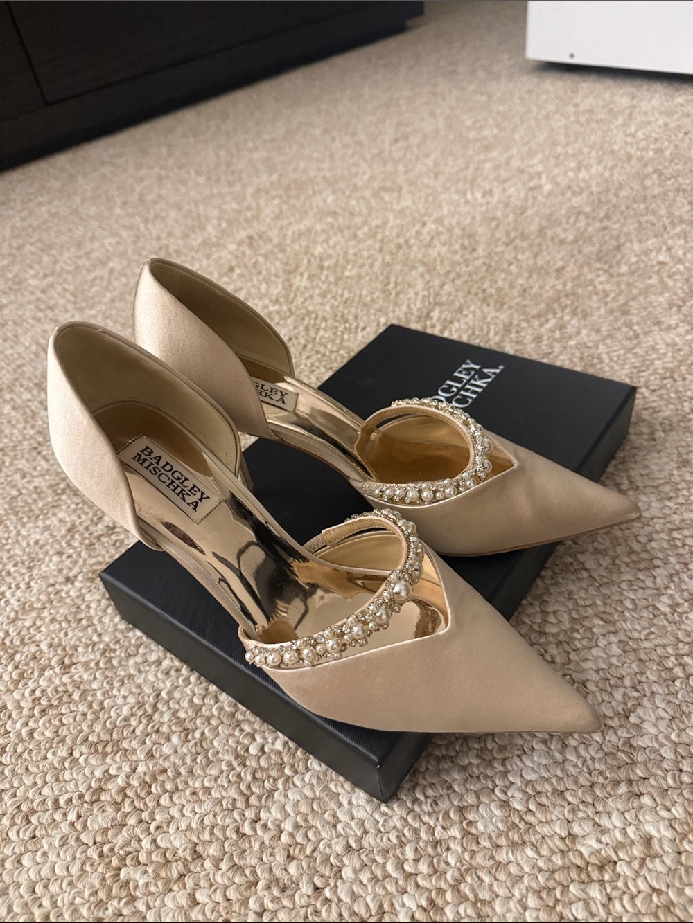 Badgley Mischka Champagne Satin Pearl-Strap Pointed Pumps
